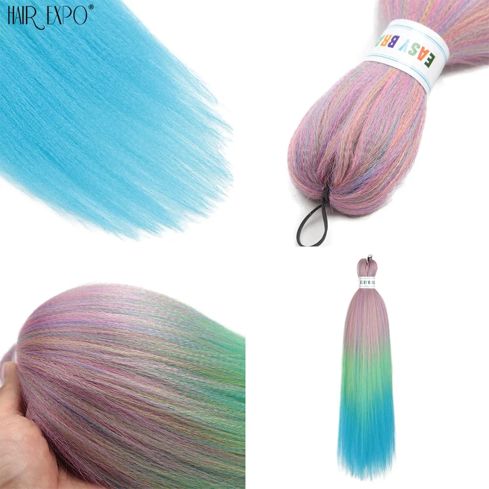 Ombre braiding hair extension strands in blue to purple and green fade