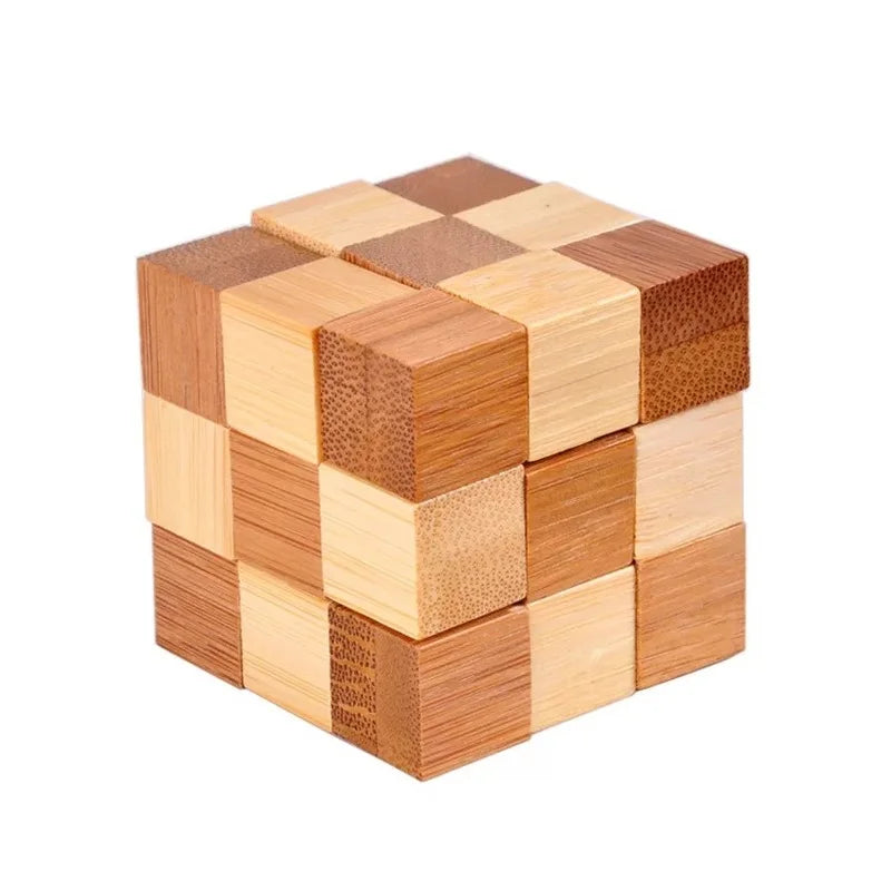Wooden interlocking square block puzzle with alternating light and dark pieces