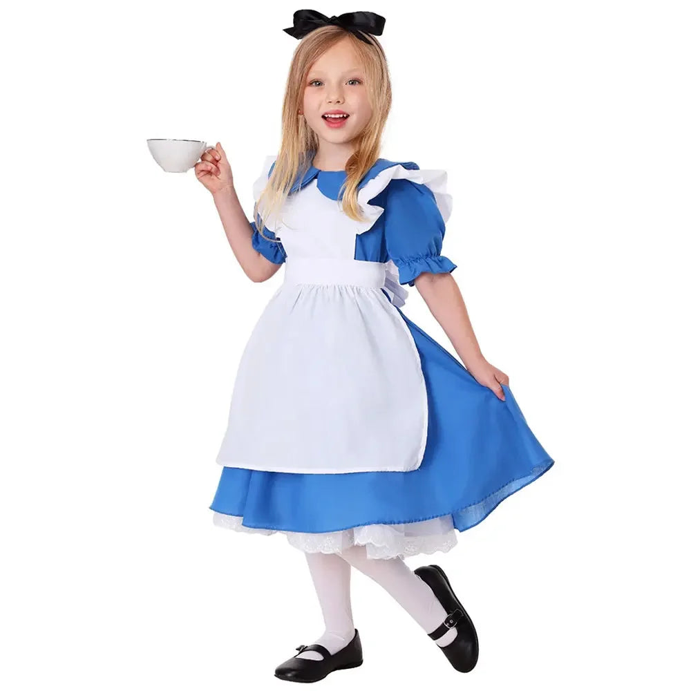 Blue and white maid dress costume with puff sleeves, lace trim hem, and black bow headpiece