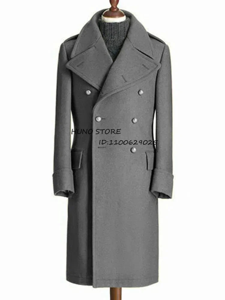 Men's long wool double-breasted coat with lapels, medium dark gray, on mannequin