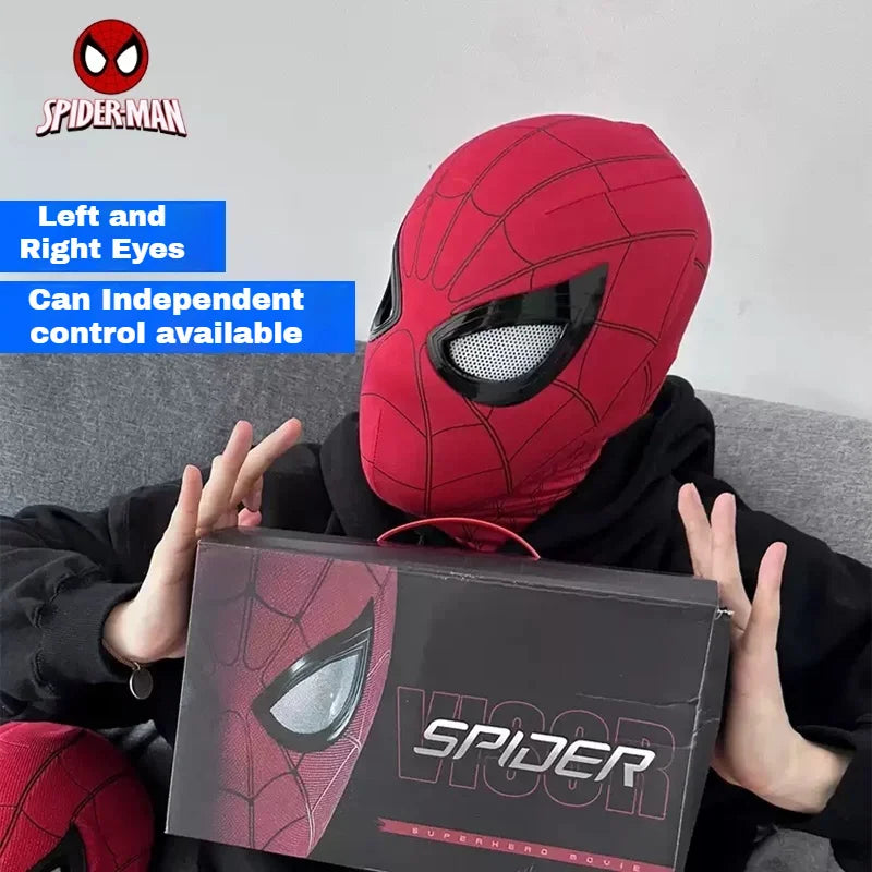Red Spider-Man electronic face mask with glowing mesh eyes