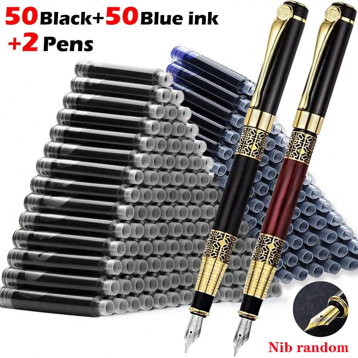 Set of retro black fountain pens with gold trim, metal nibs, and ink refill tubes
