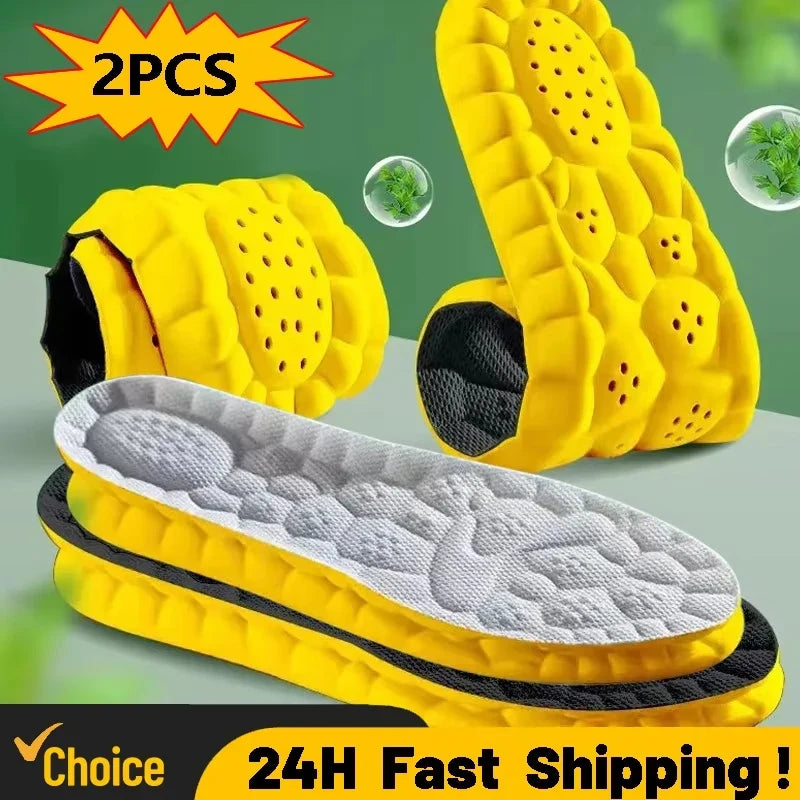 Yellow sport insoles with breathable perforations and gray textured top pads