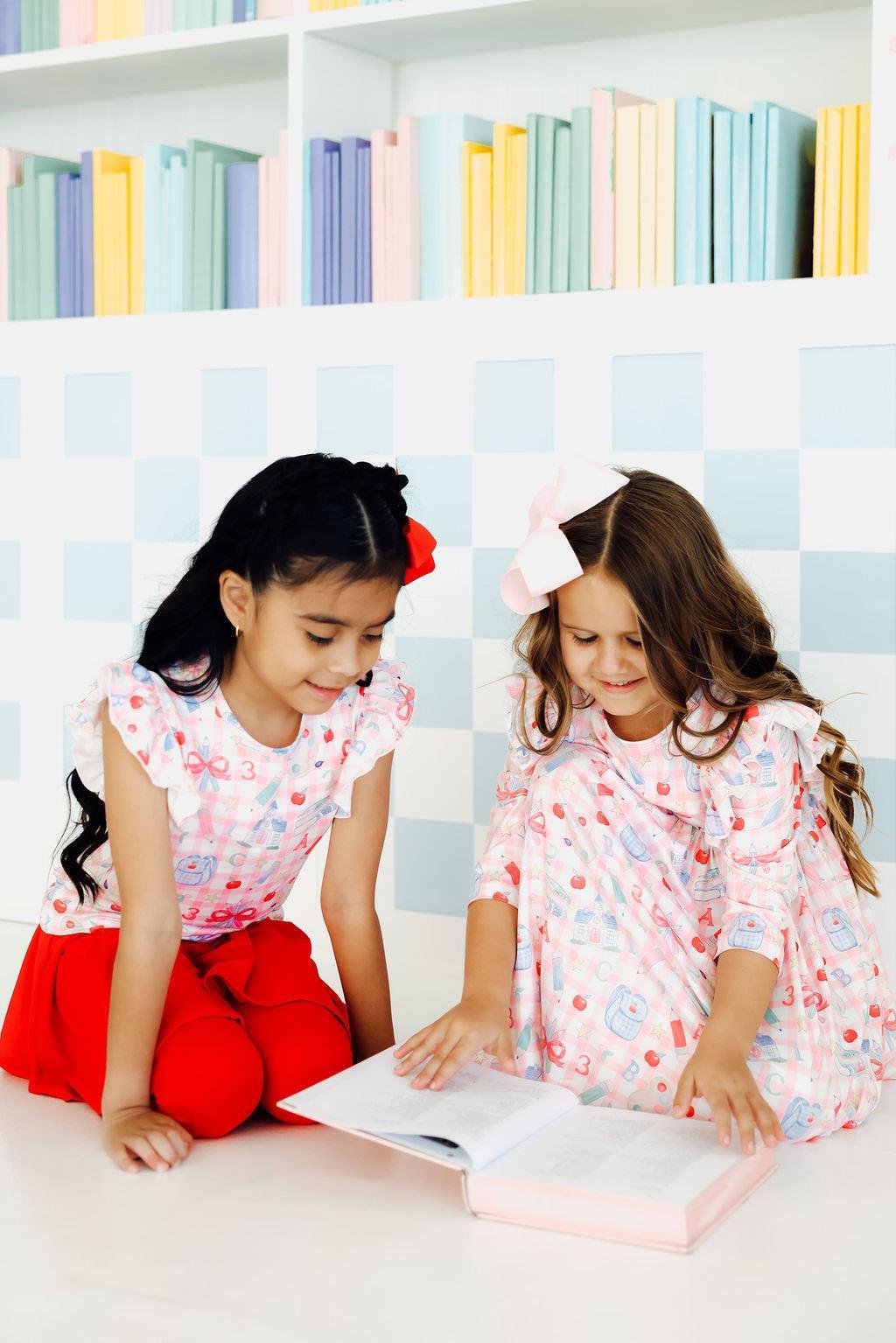 Kids printed 3/4 sleeve ruffle twirl dresses, white and light blue, bows at waist