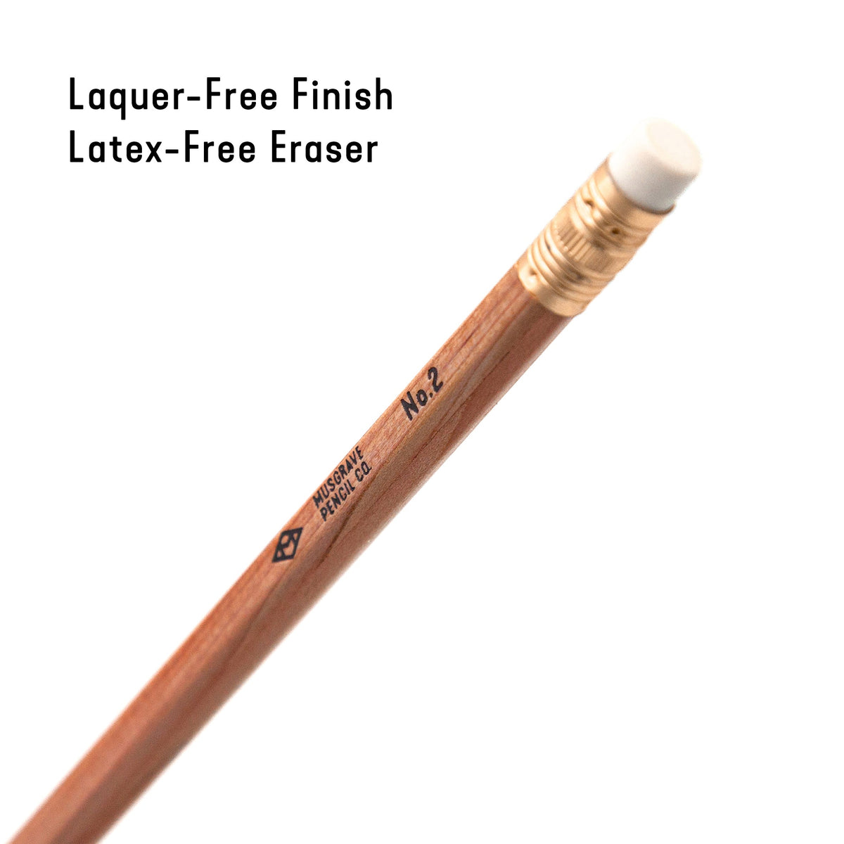 No. 2 wooden pencil with white eraser, natural wood body and printed markings