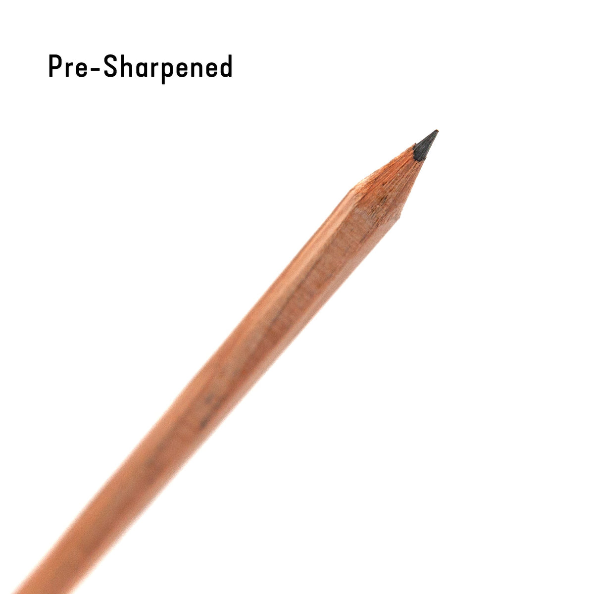 Sharpened wooden pencil point on natural wood body with printed text
