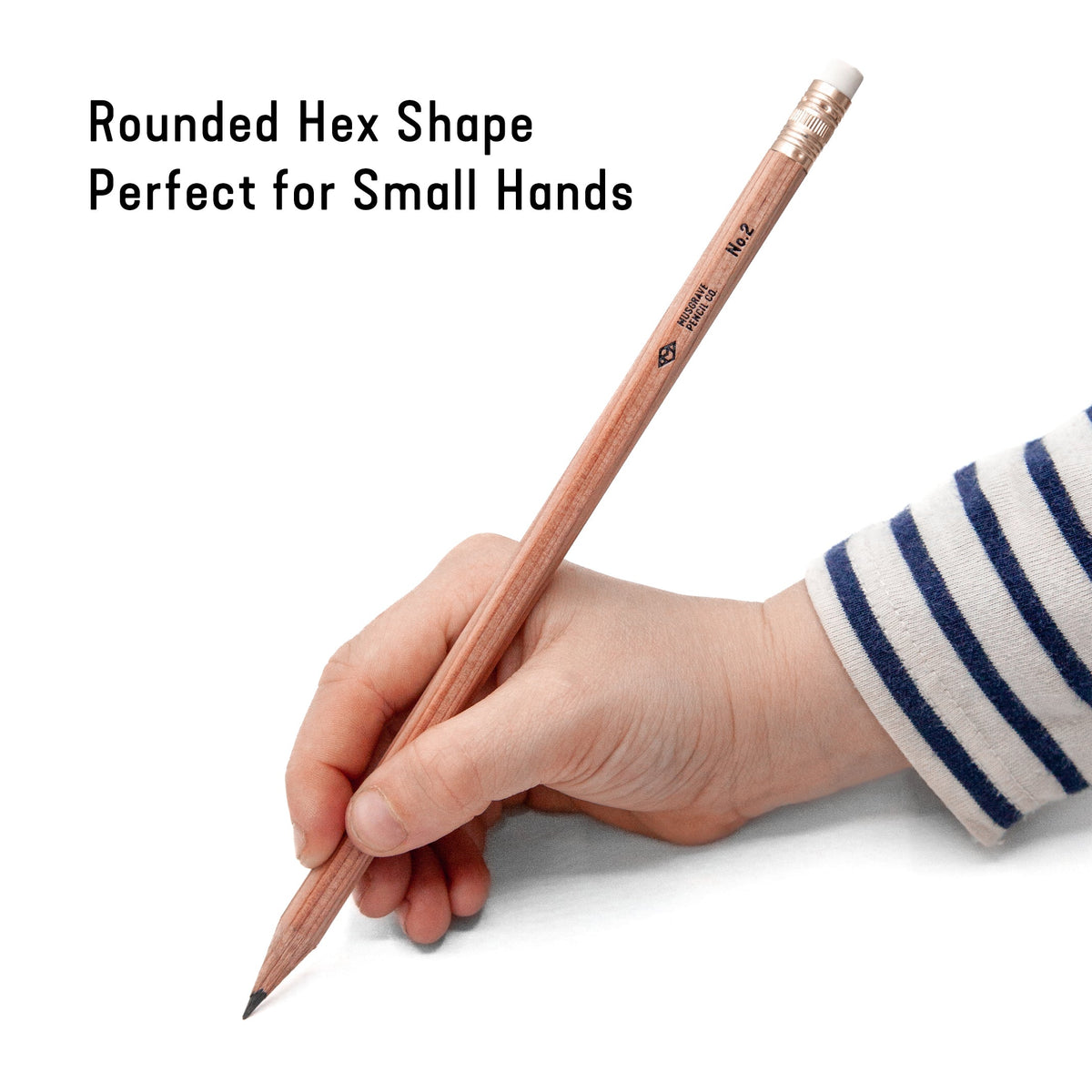 Hex-shaped wooden pencil held in hand, striped sleeve, sharpened tip
