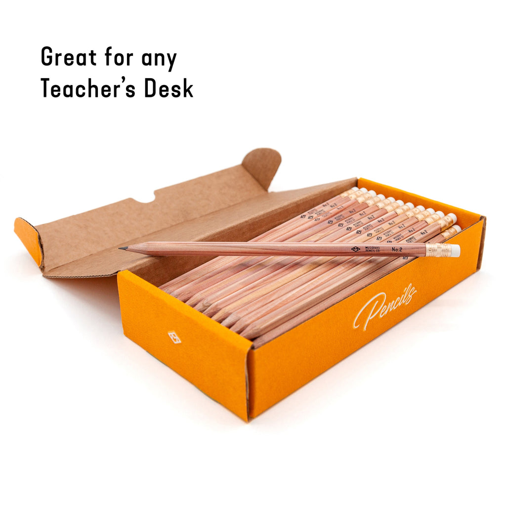 Wooden pencil pack with 60 pencils, partially closed box and pencil eraser ends visible