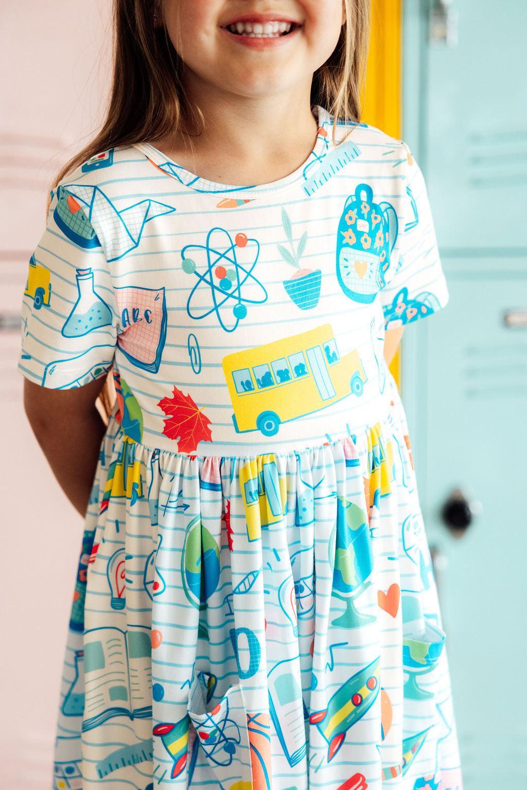 Girls' short-sleeve science-print twirl dress with gathered skirt