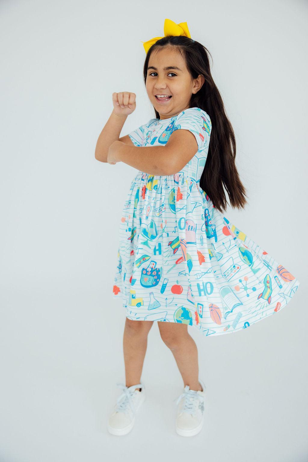 Girls' short-sleeve twirl dress with light blue science print and full skirt