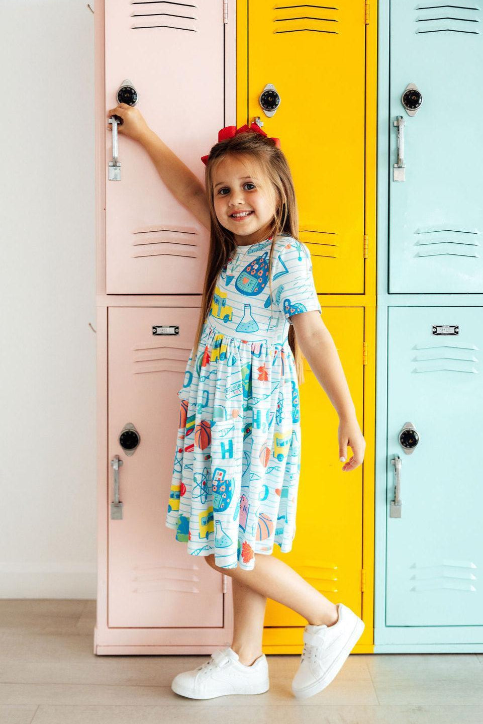 Girls' short-sleeve twirl dress with light blue and colorful science print