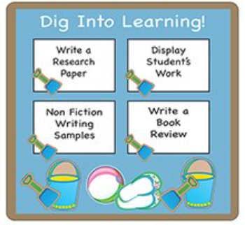 Mini notepad with “Dig Into Learning!” cover, writing prompts, and beach icons