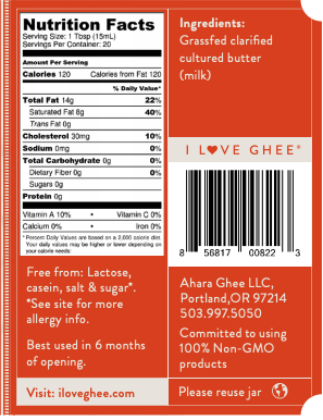 Ahara Rasa brown butter ghee nutrition facts and ingredients panel.