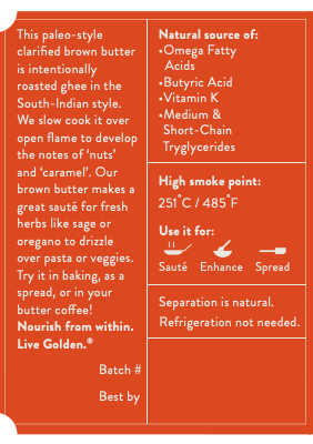 Ahara Rasa brown butter ghee usage and storage information panel.