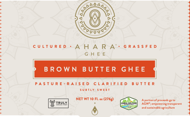 Ahara Rasa brown butter ghee label panel with featured product and icons.