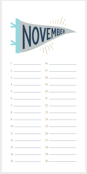 November calendar page with blue banner header and numbered date lines