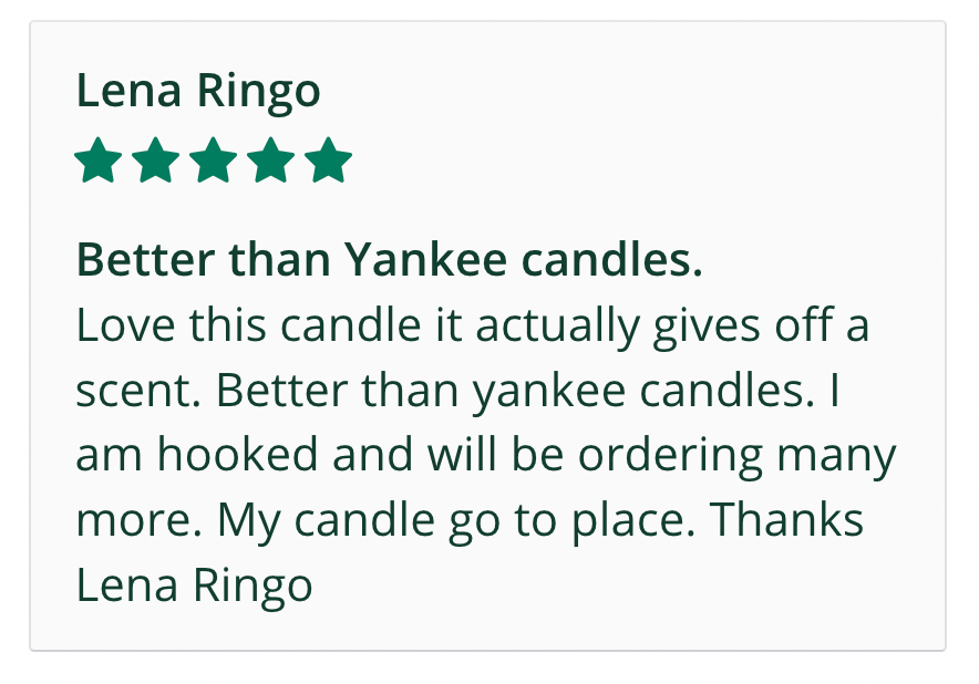 Customer review card with five green stars and text praising the candle scent