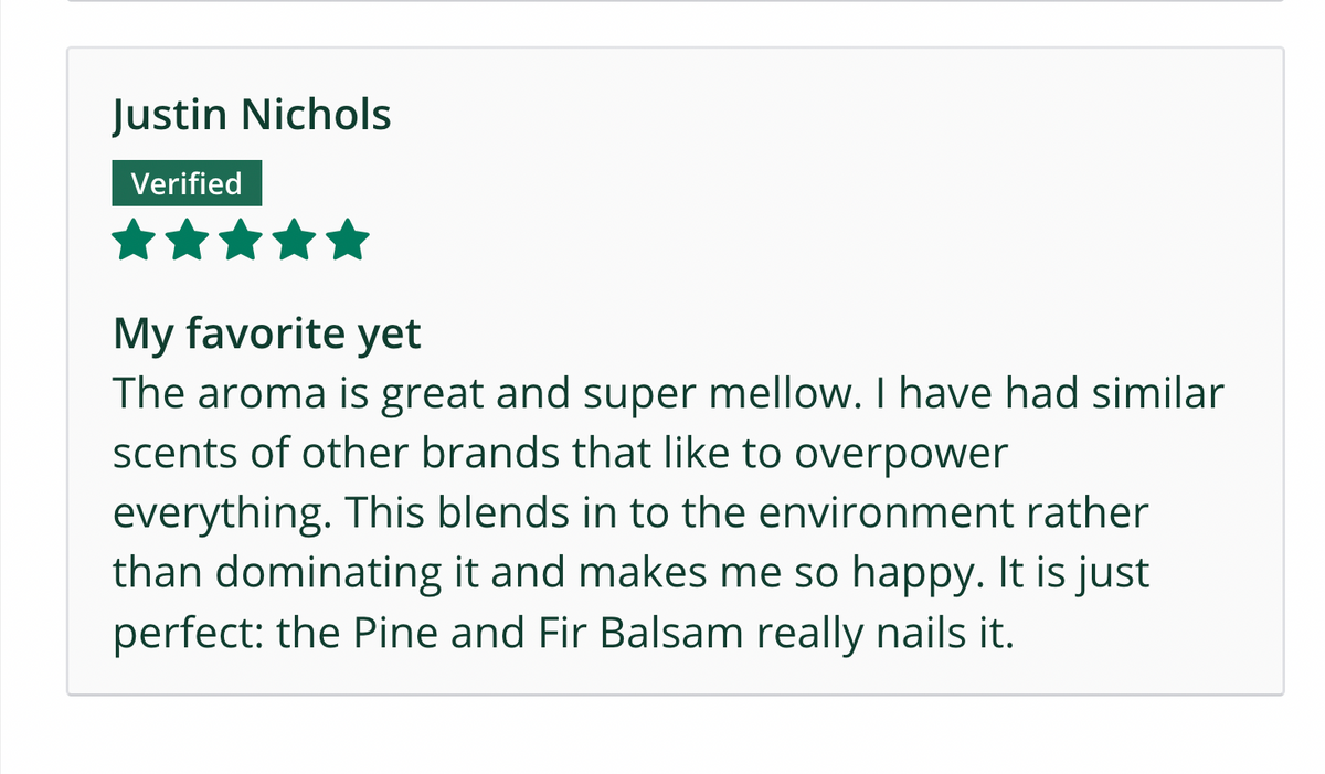 Verified customer review for Pine & Fir Balsam soy candle, 5-star rating