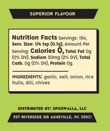 Ranch seasoning label with nutrition facts, ingredients, and distributed-by details.