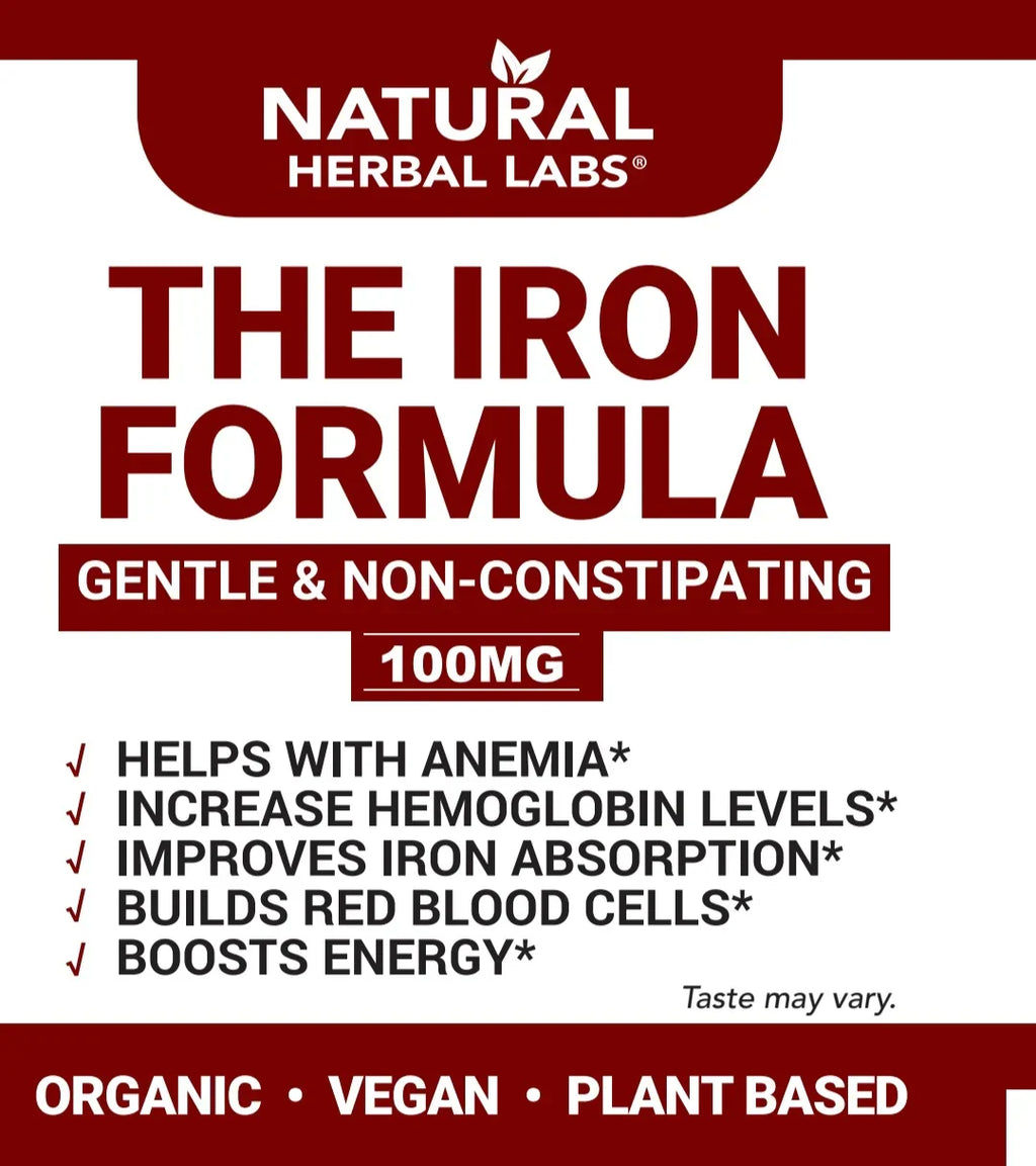 Organic Herbal Iron Formula label highlighting 100 mg and plant-based ingredients