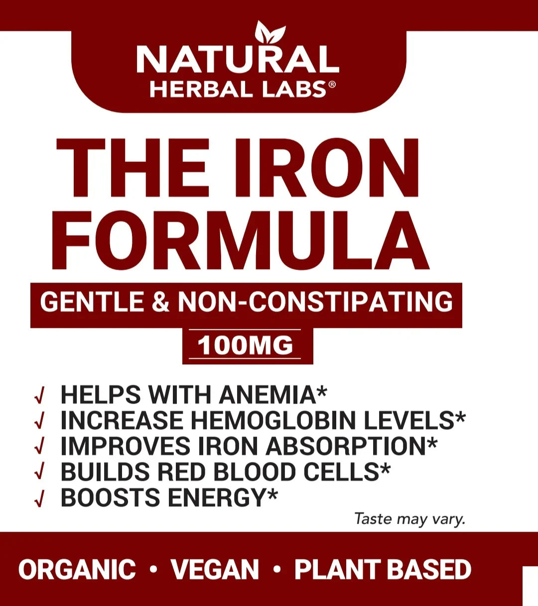 Organic Herbal Iron Formula label highlighting 100 mg and plant-based ingredients