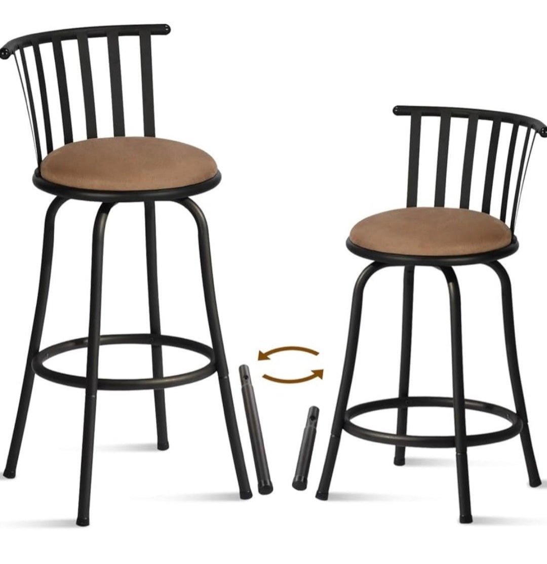 Counter-height barstool with slatted back, round cushioned seat, black frame, and footrest.
