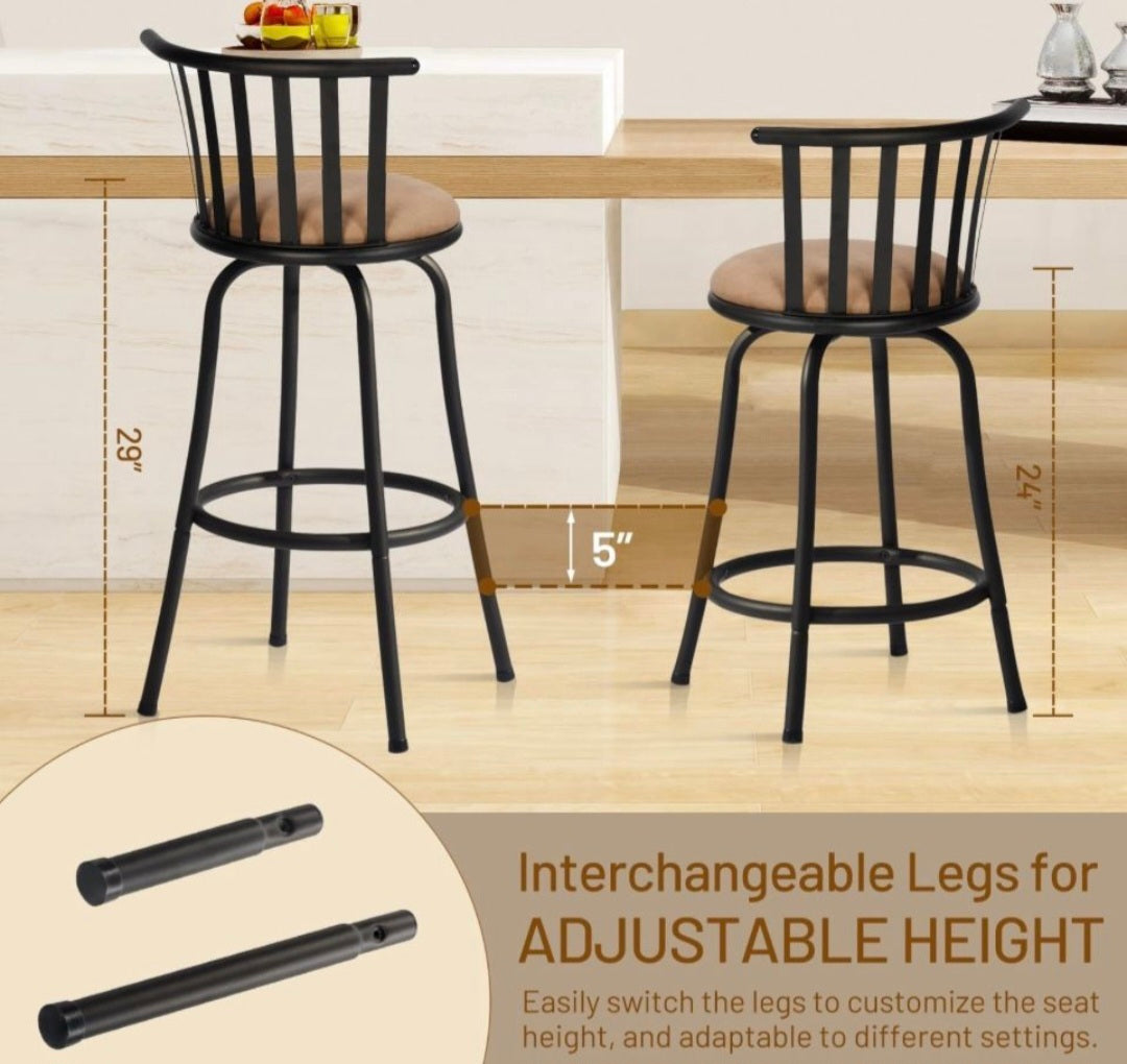 Adjustable counter barstools with slatted backs, round tan seats, and black footrests.