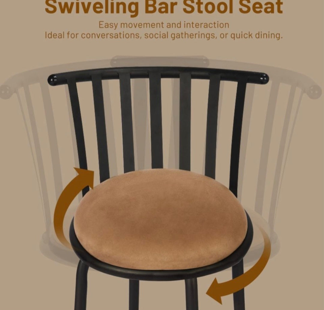 Swivel barstool with round tan padded seat and black slatted backrest.