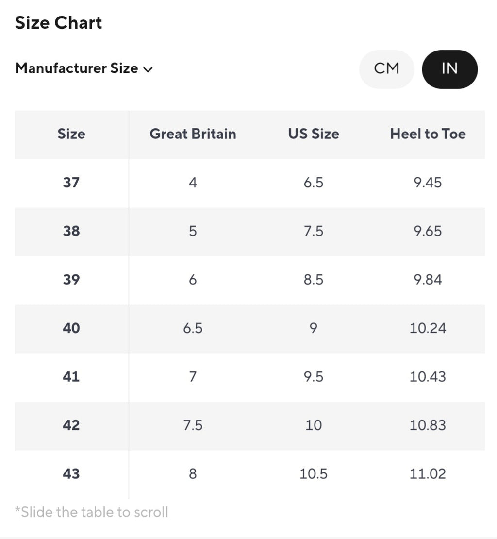 Size chart showing UK, US sizes and heel-to-toe measurements in cm and in