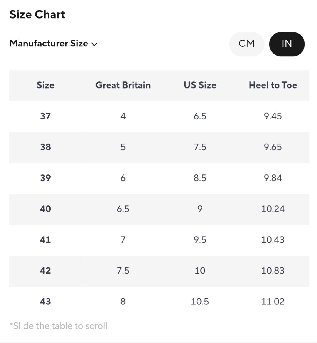 Size chart table with UK, US, and heel-to-toe measurements for wedding shoes