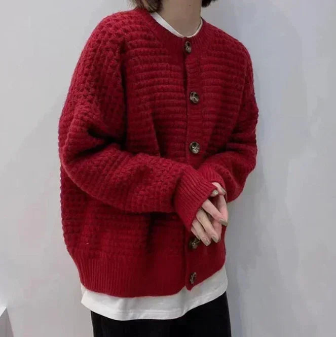 Wine red knit button-front cardigan with ribbed cuffs and stand collar