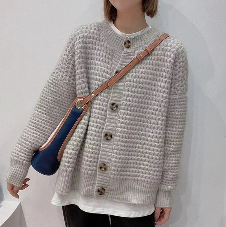 Light gray knit button-front cardigan with ribbed cuffs and hem