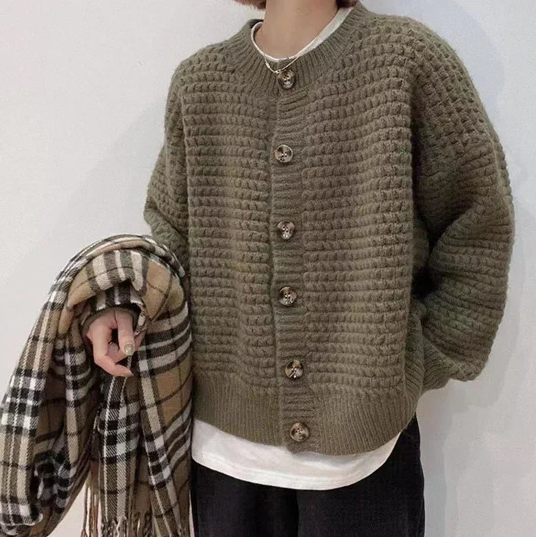 Olive knit button-front cardigan with ribbed hem and long sleeves