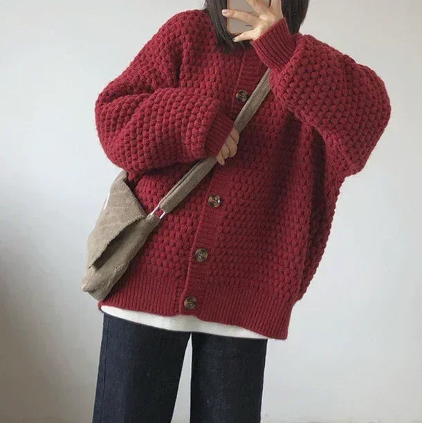 Wine red chunky knit cardigan with button front and ribbed cuffs