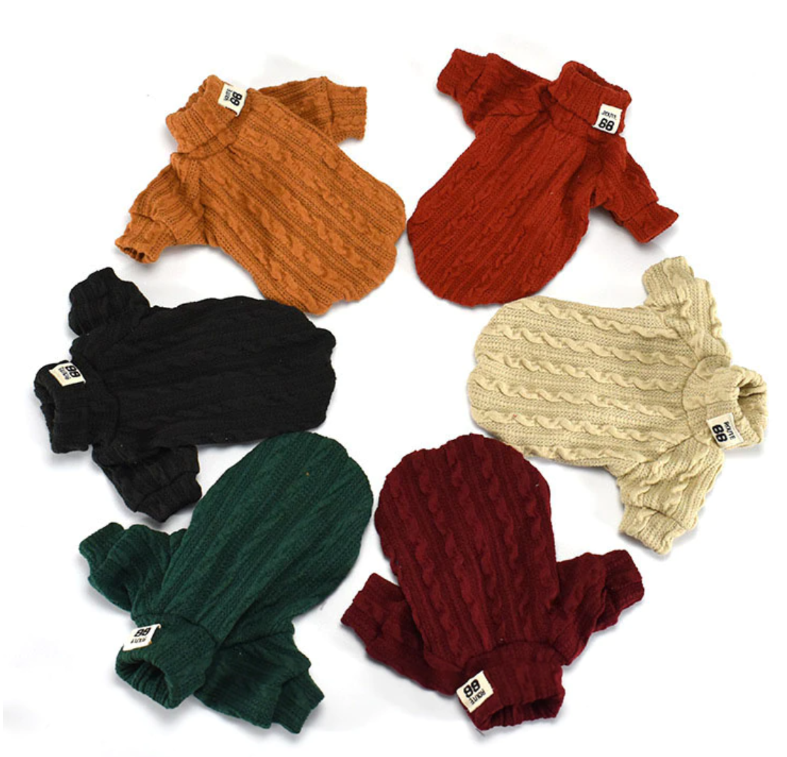 Assorted knitted turtleneck sweaters for small dogs and cats in mixed colors