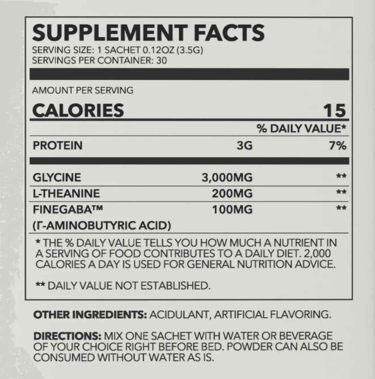 Supplement facts label listing glycine, L-theanine, GABA, and 15 calories