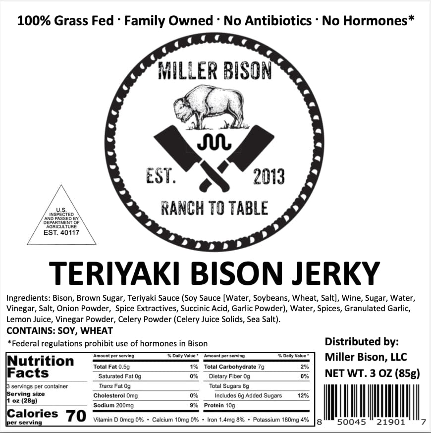 Teriyaki bison jerky package front with ingredients and nutrition facts