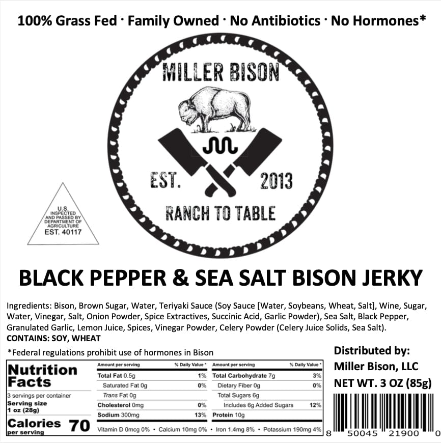 Black pepper & sea salt bison jerky package front with ingredients and nutrition