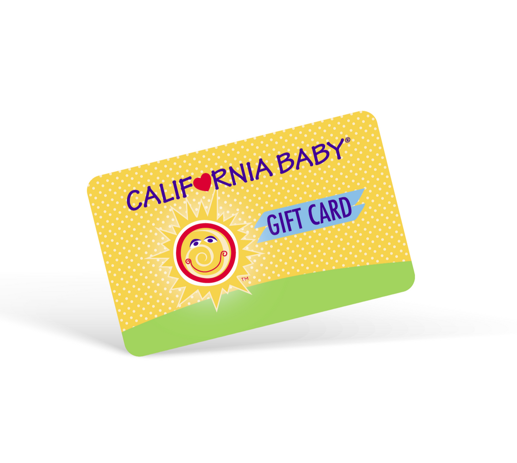 Angled physical gift card with yellow dotted background, green bottom; 'CALIFORNIA BABY' 'GIFT CARD'.