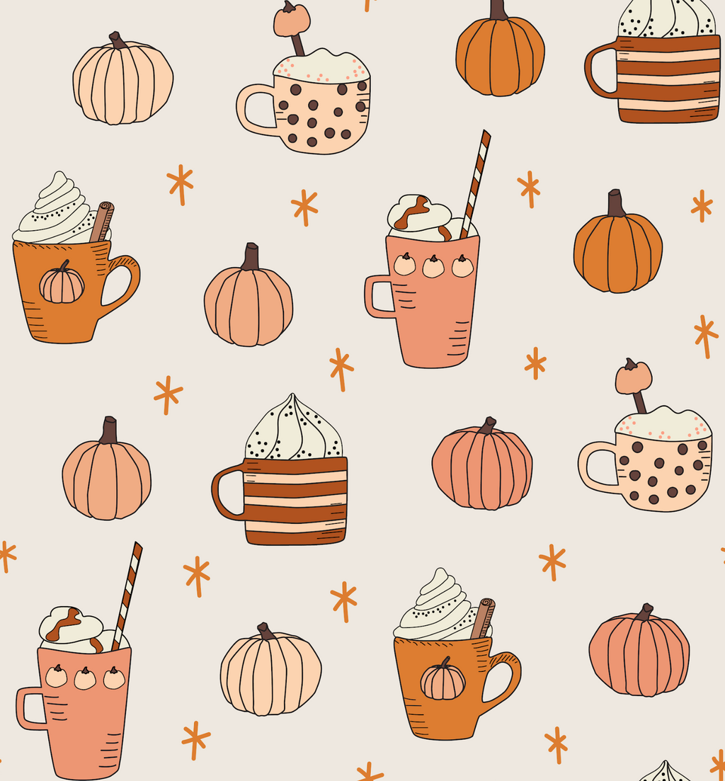 Cream pajama fabric pattern with orange pumpkin-spice icons: cups, cookies, pumpkins, stars