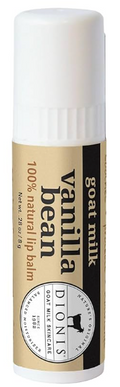 Vanilla bean lip balm in white capped stick tube with beige label