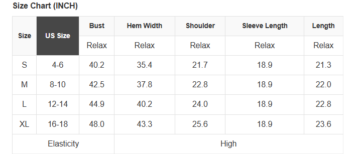 Size chart table in inches with bust, hem width, shoulder, sleeve length, and length