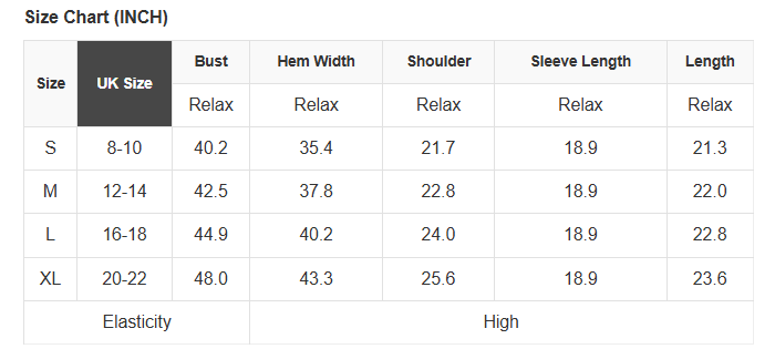 Size chart table with UK sizes, measurements for bust, hem width, shoulder, sleeve, length