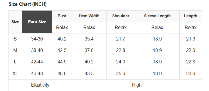 Size chart table with Euro sizes and measurements for bust, hem width, shoulder, sleeve, length