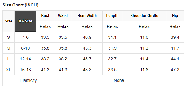 Size chart table listing bust, waist, hem width, length, and hip measurements