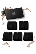 Gift box set of folded black boxer briefs, several pairs shown