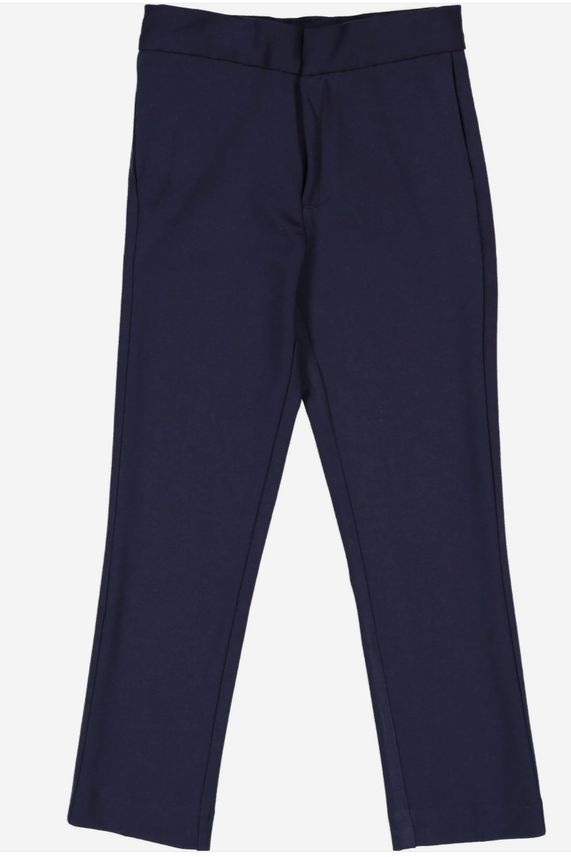 Boys skinny-fit dress pants in navy, front view with crease and waistband