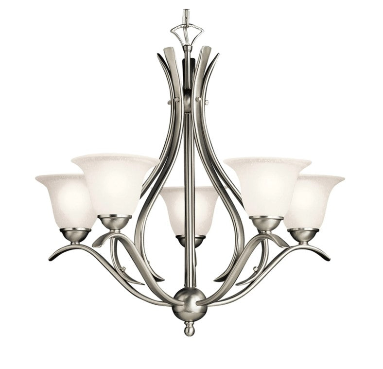 Nickel 5-light chandelier with central stem and five etched glass shades.