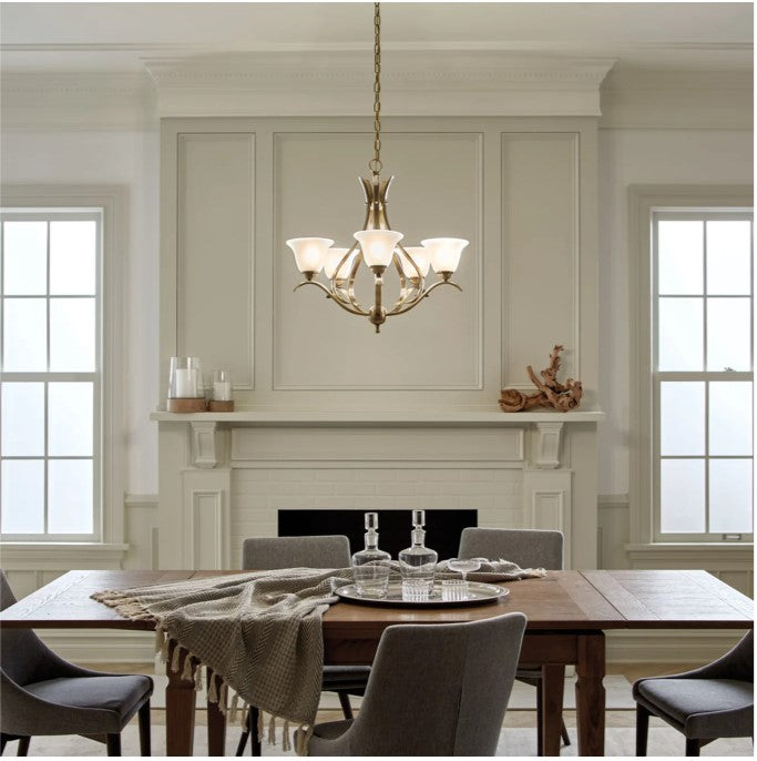 Brushed nickel 5-light chandelier with etched glass shades and curving arms.