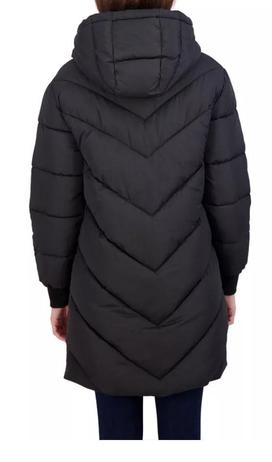 Girls 3/4 puffer jacket hooded back view, black chevron quilting